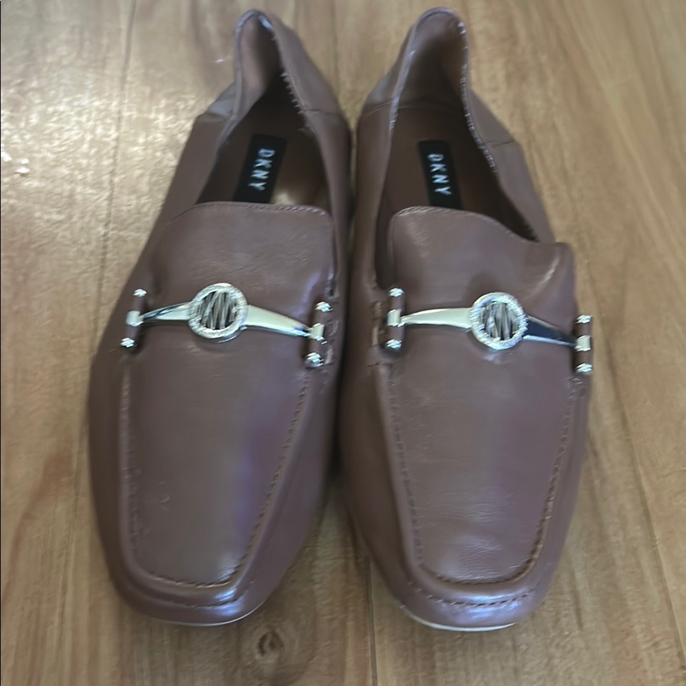 DKNY Tan Leather Loafers with Silver Accent